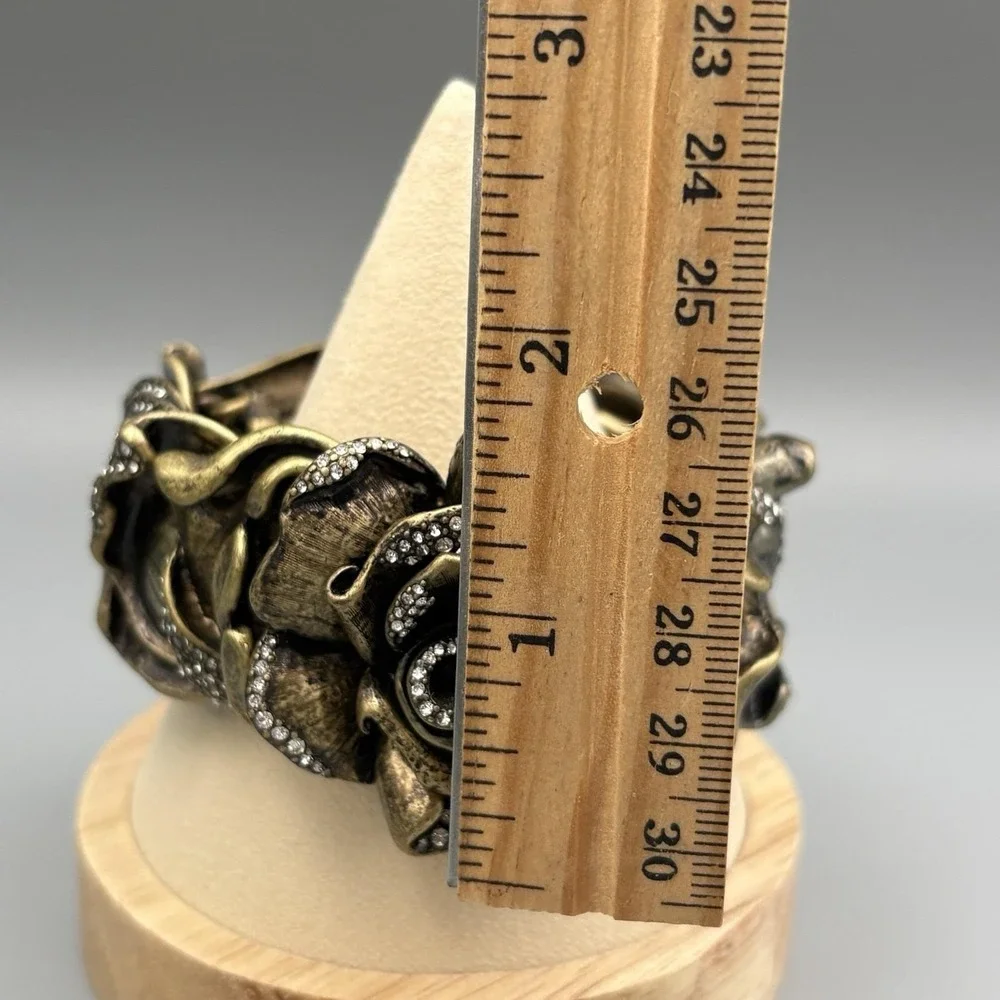 Vintage Rose Statement Bracelet Bronze Crystals Romantic HEAVY
